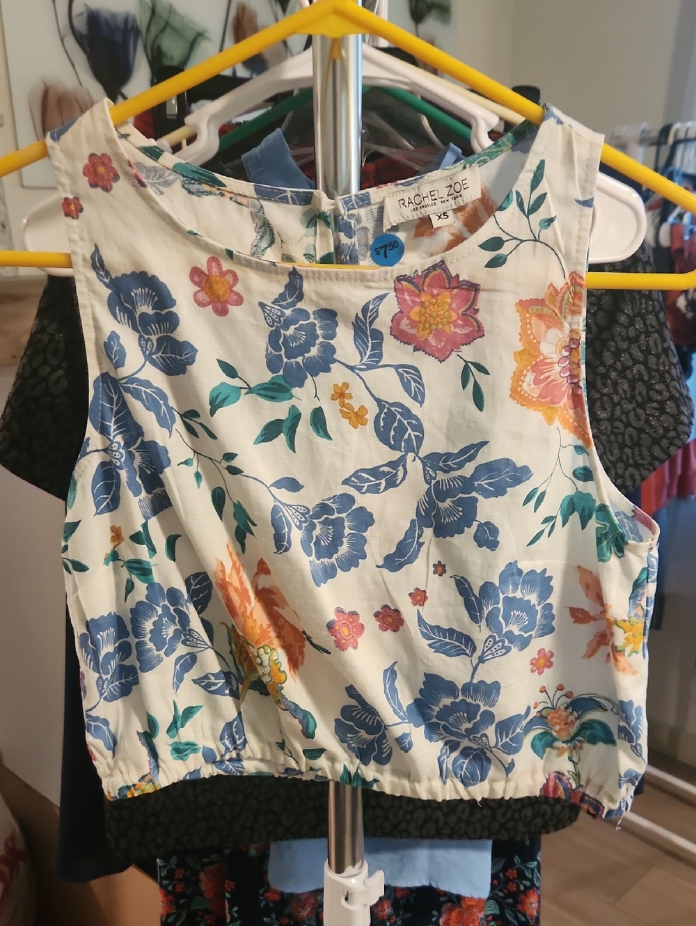 Rachel Zoe White Floral Cropped Tank with Blue and Orange Blooms